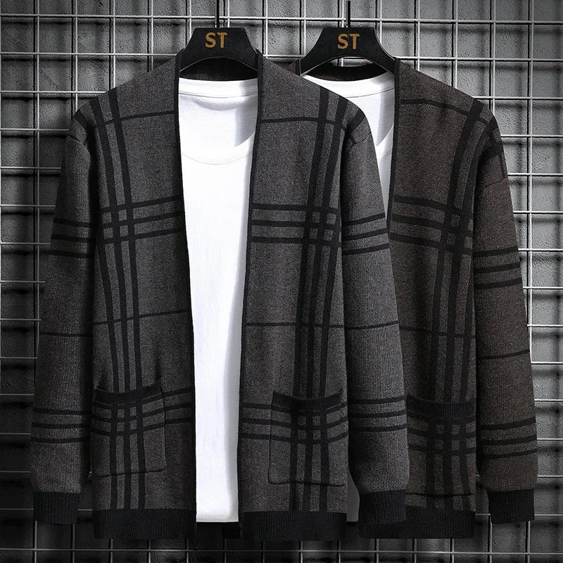 Plaid knit cardigan for men, excellent for layering and fall fashion trends.