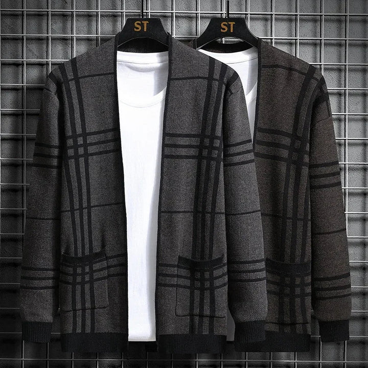 Plaid knit cardigan for men, excellent for layering and fall fashion trends.