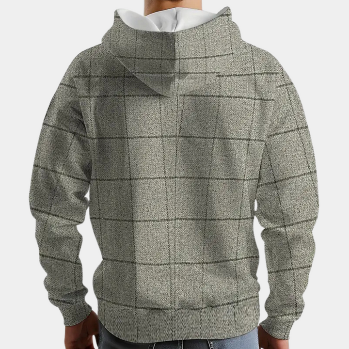 Comfortable men's check pattern pullover hoodie. Stylish casual top for everyday men's fashion.