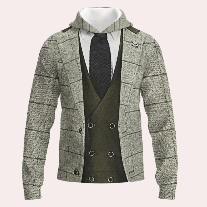 Stylish check pattern hoodie for men. Comfortable pullover top, ideal for versatile casual wear.
