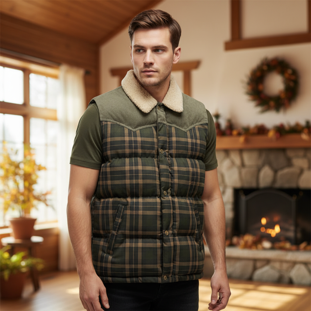 Men's checked insulated vest, warm, water-resistant, ideal winter outdoor wear