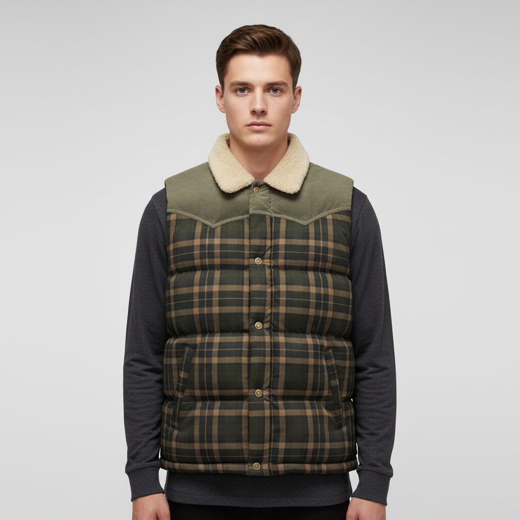 Stylish men's insulated vest, checked design, suitable for winter outdoor adventures