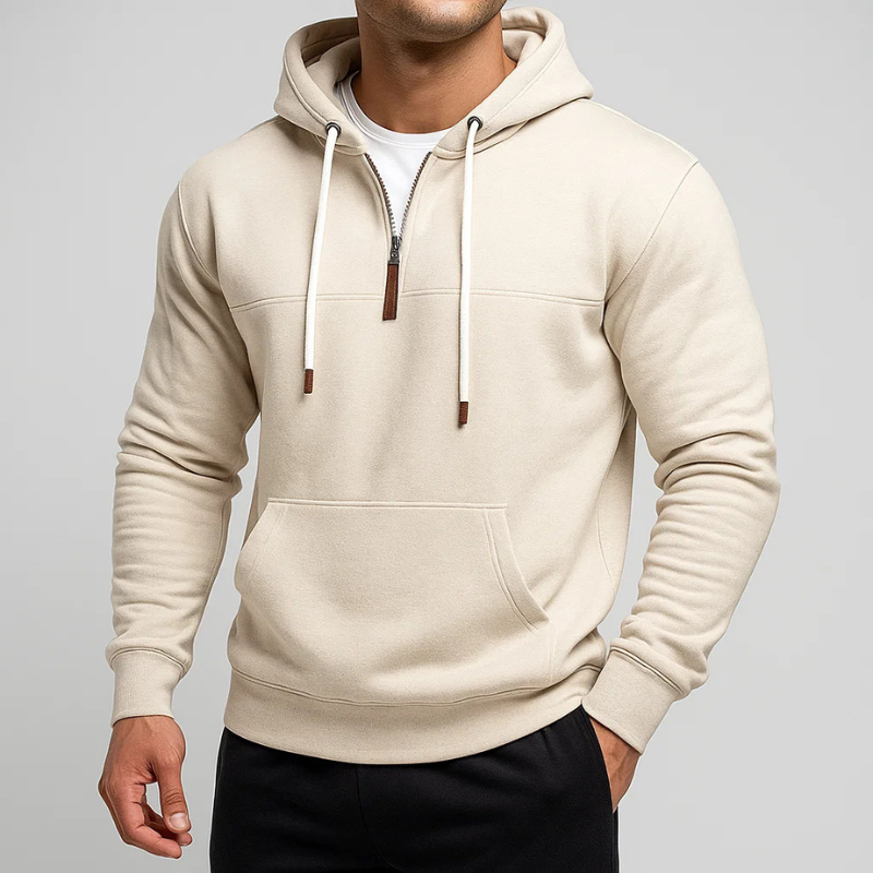 Men's Chelsea premium half-zip hoodie, ideal for layering and comfort. Perfect warm pullover for autumn & winter.