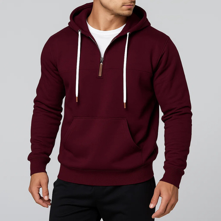 Versatile men's half-zip hoodie for layering, warmth, and modern casual style. Essential autumn/winter pullover.
