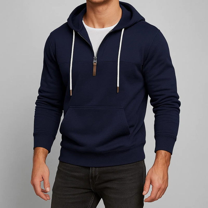 Autumn/winter men's half-zip hoodie. Premium, warm, & comfortable layering piece for casual everyday fashion.
