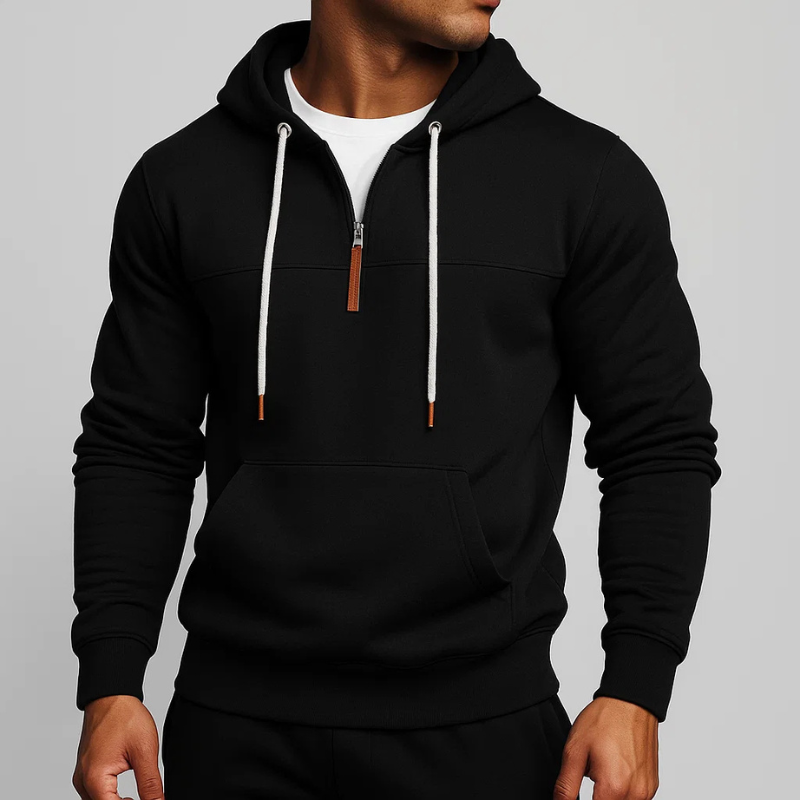 Modern men's half-zip hoodie. Comfortable pullover design with premium fabric for warmth and casual layering.