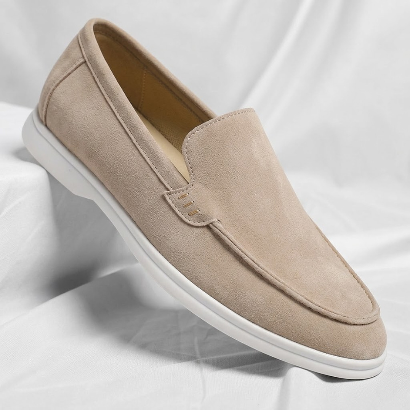 Close-up of Men's Chester loafers showing detailed stitching and premium suede texture.