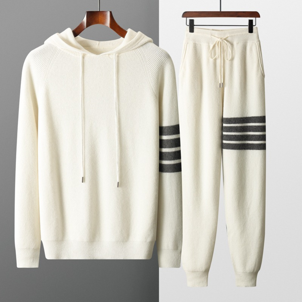Fashionable men's striped sweater and jogger set, designed for ultimate comfort and modern style.