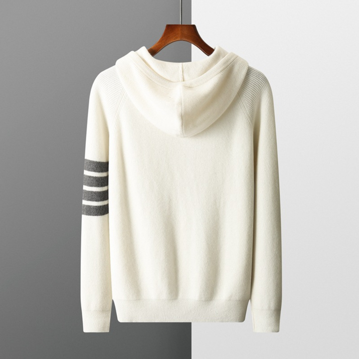Elegant men's striped knit apparel set, offering a blend of comfort and sophisticated casual fashion.
