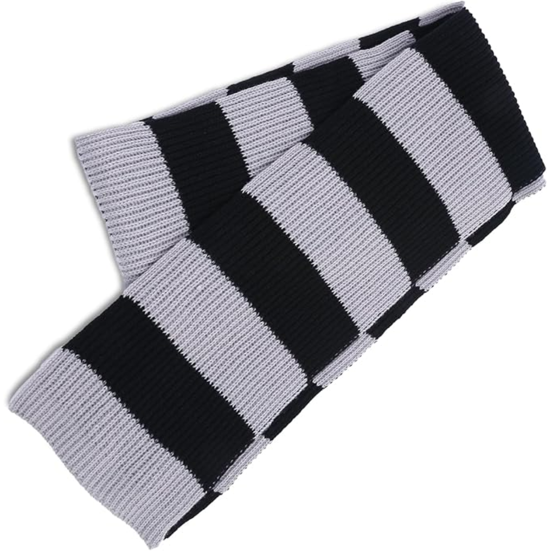 Men's chunky knitted striped winter scarf in dark blue and grey, warm cold weather gear