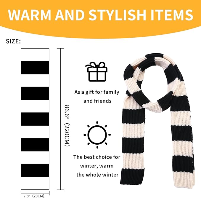 Model wearing a stylish men's chunky striped knitted scarf, ideal for cold weather fashion
