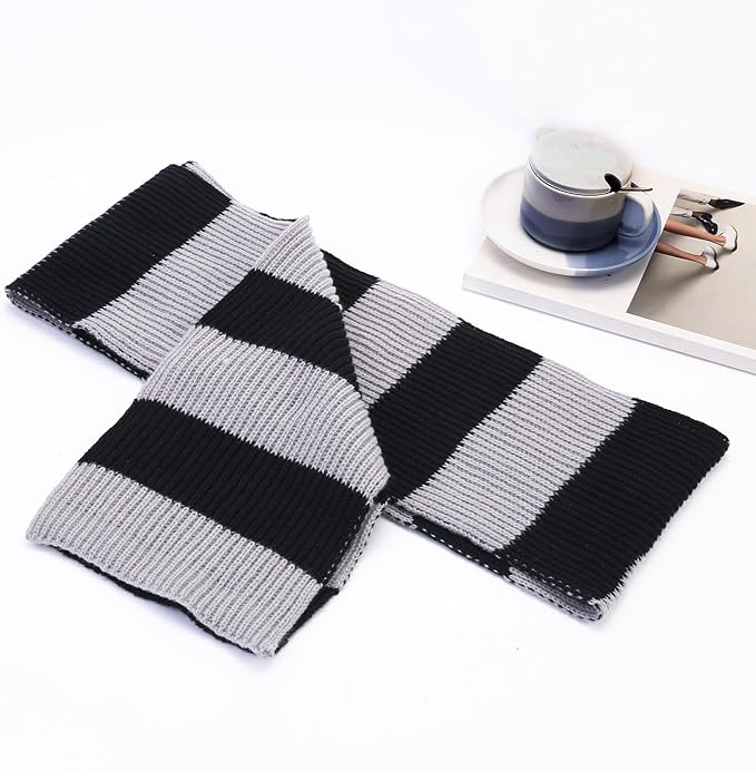 Detail of the thick knit and contrasting stripes on a men's winter scarf, fashionable cold weather gear