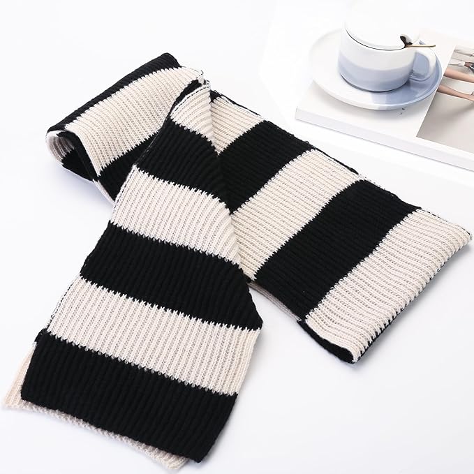 Collection of men's chunky knitted striped scarves in various colors, stylish winter fashion