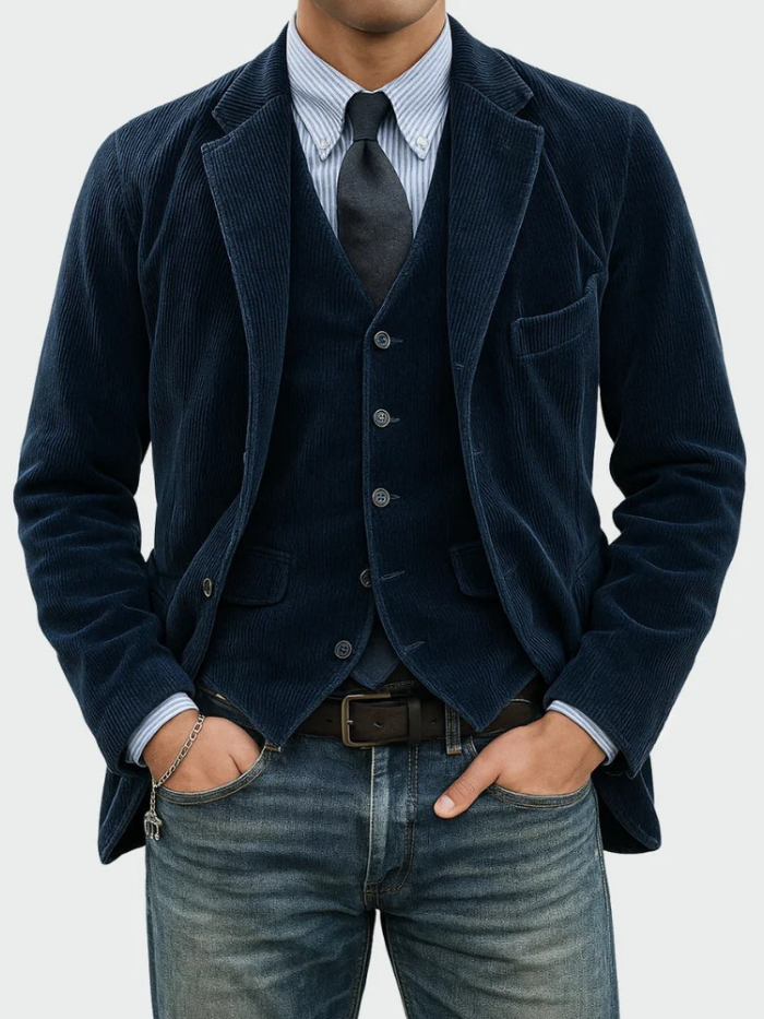 Men's classic 2-piece tailored suit, featuring a stylish blazer and matching vest for formal business attire.