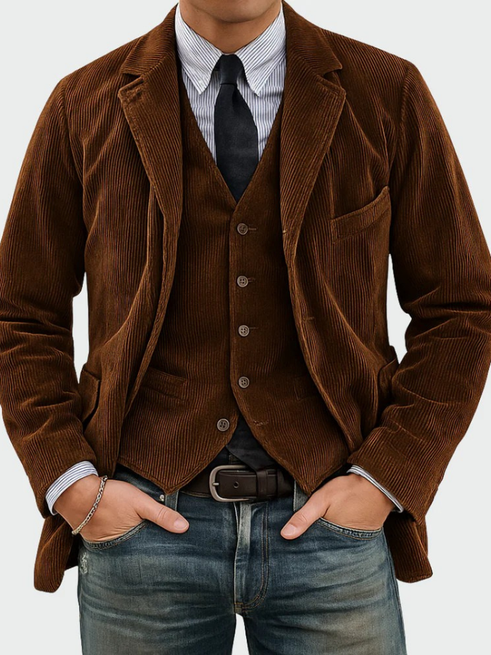 Sophisticated men's tailored blazer and vest set, ideal for professional business meetings and formal events.