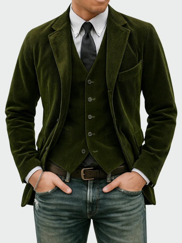 Professional men's formal wear: a sharp blazer and vest set for a sophisticated and classic business look.