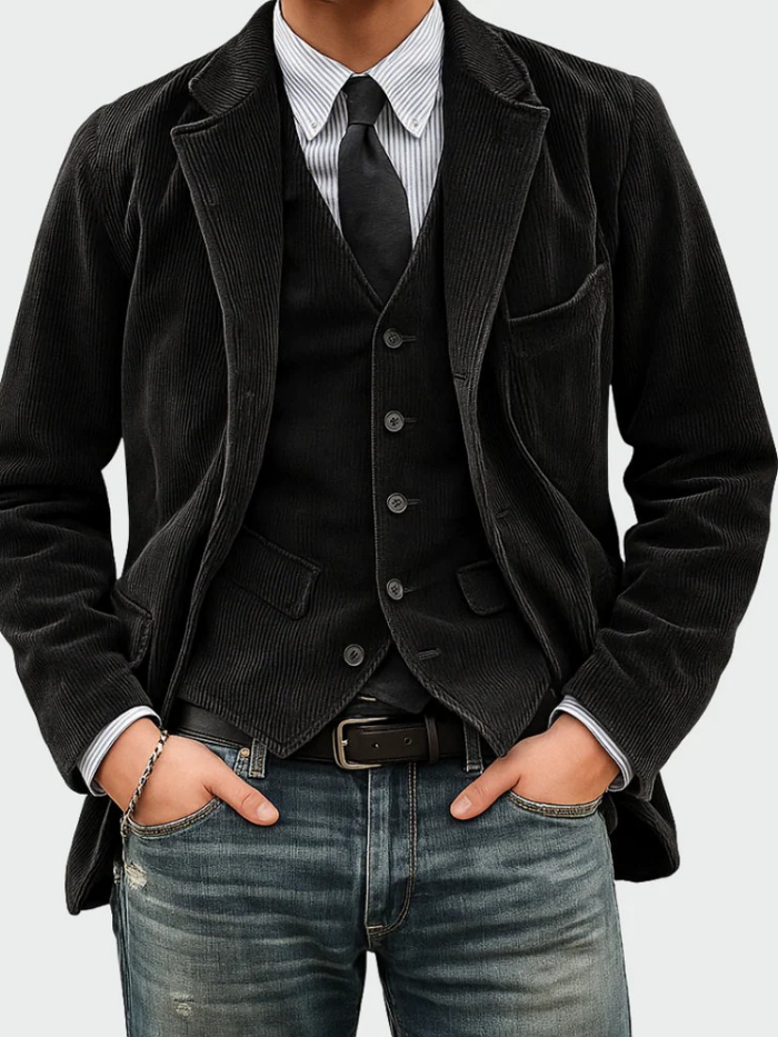 Tailored men's suit blazer and vest set, offering a sleek, professional fit for modern business fashion.