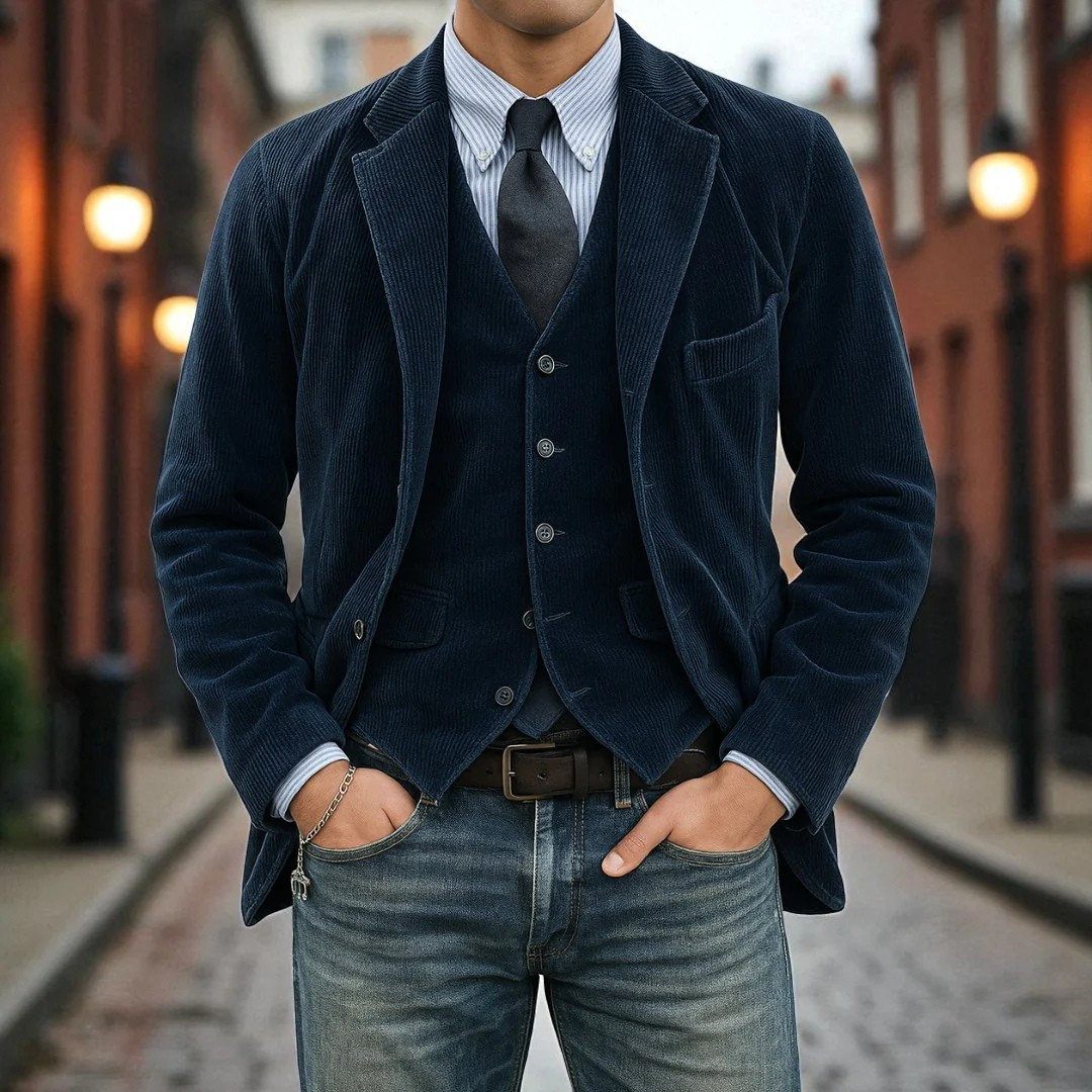 Men's sophisticated blazer and vest set, a 2-piece tailored suit for formal wear and business professional attire.