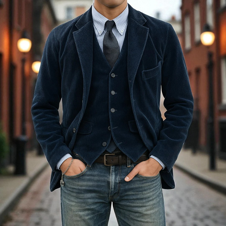 Men's sophisticated blazer and vest set, a 2-piece tailored suit for formal wear and business professional attire.