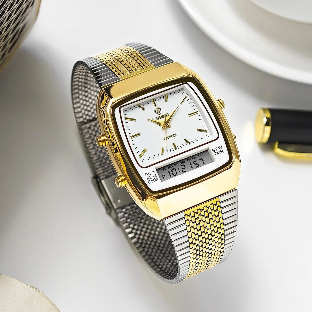 Men's classic analog-digital hybrid watch with stainless steel band. Modern quartz timepiece for men's fashion.