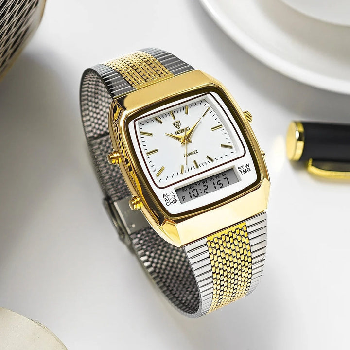 Men's classic analog-digital hybrid watch with stainless steel band. Modern quartz timepiece for men's fashion.