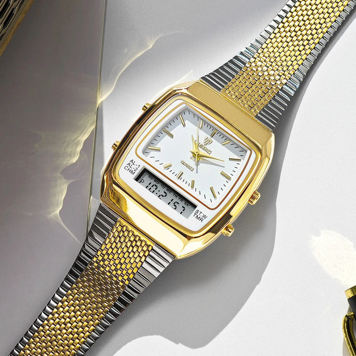 Elegant men's hybrid watch, featuring both analog hands & digital display. A classic and modern men's accessory.