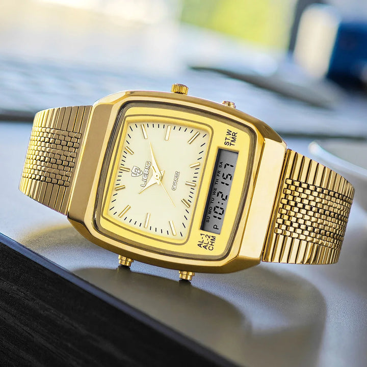 Stainless steel men's analog-digital quartz watch. Classic timepiece design meets modern hybrid functionality.