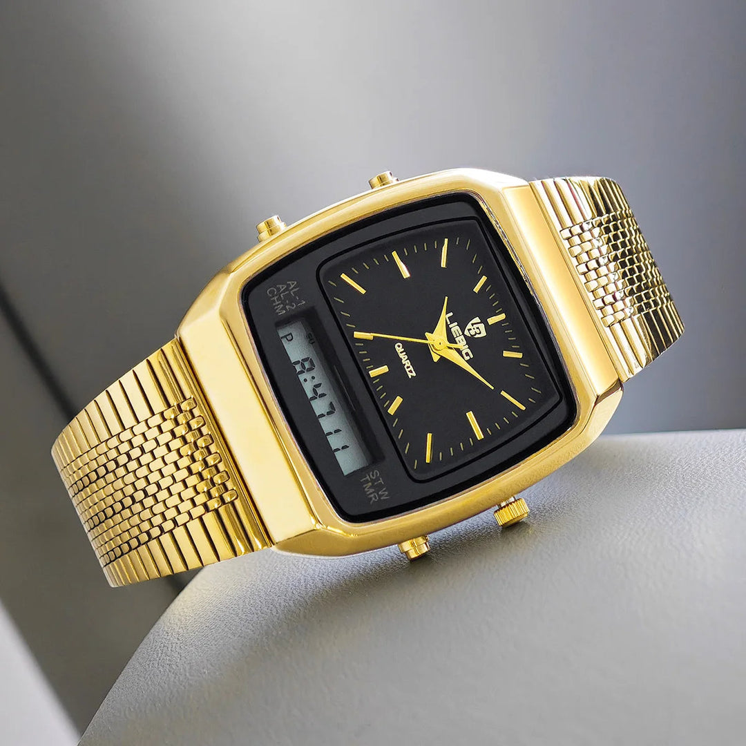 Close-up of men's analog-digital hybrid watch face, showcasing classic hands & clear digital display.