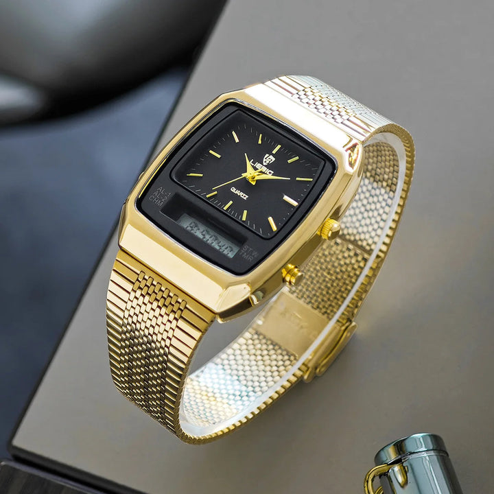 Men's classic hybrid watch on a wrist, combining analog-digital functions for a sophisticated modern look.