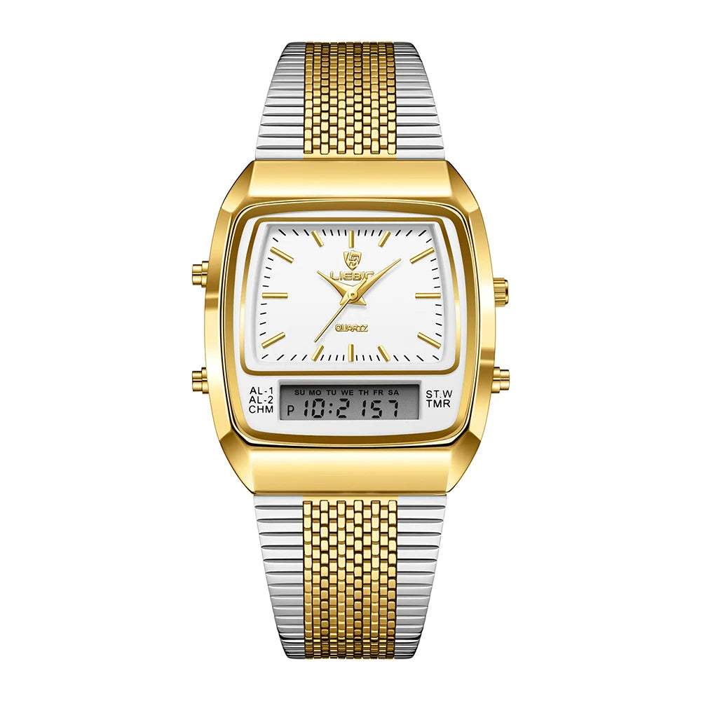 Sophisticated men's hybrid watch, seamlessly blending classic analog appeal with modern digital precision.