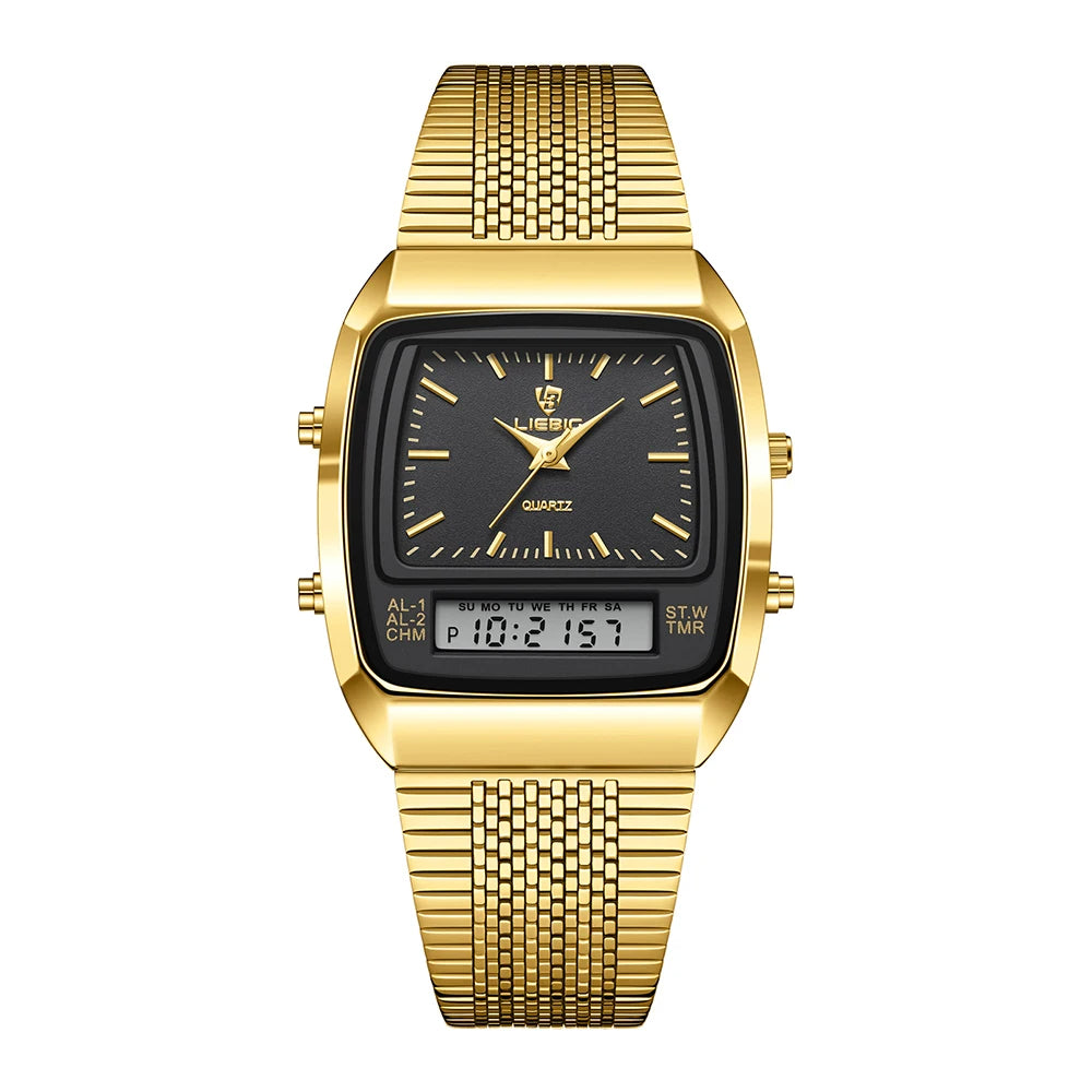 Side view of men's quartz analog-digital hybrid watch, showing its sleek stainless steel case & classic design.