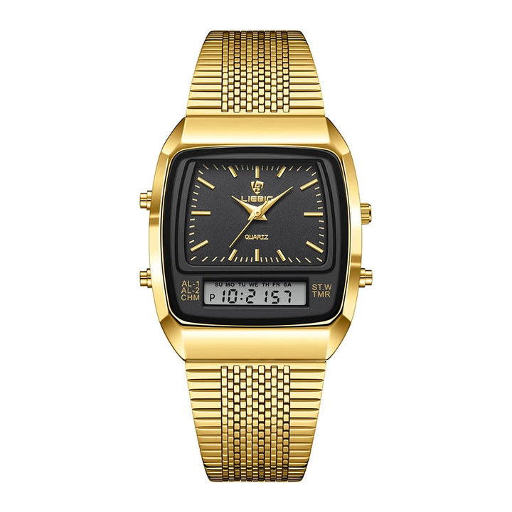 Side view of men's quartz analog-digital hybrid watch, showing its sleek stainless steel case & classic design.