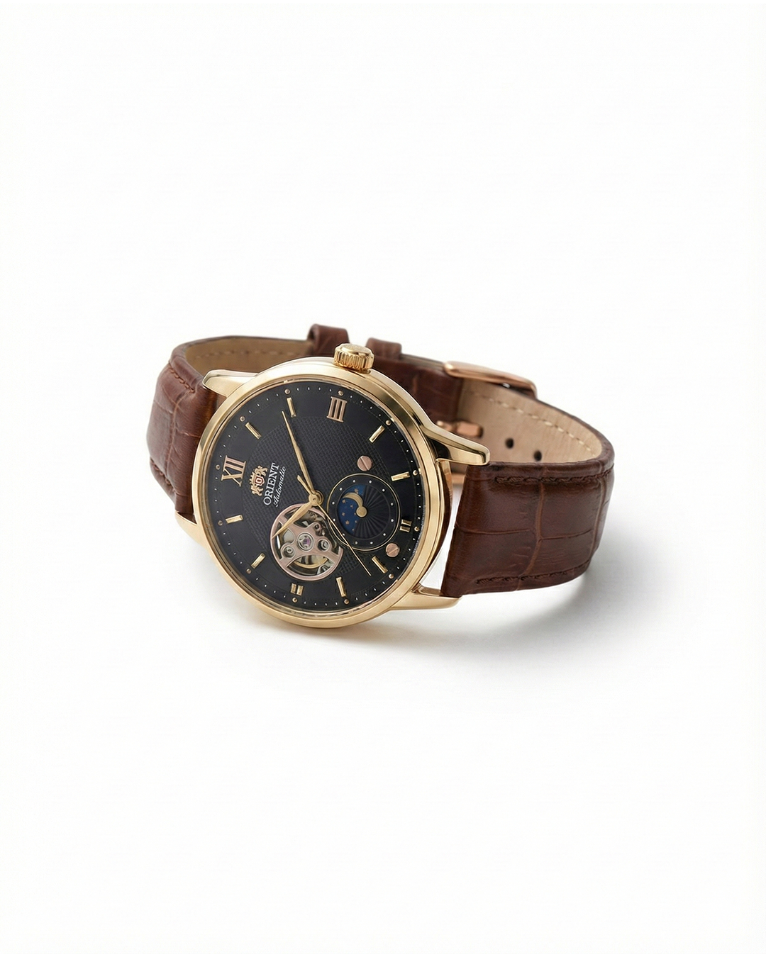 Men's classic automatic sun & moon watch, dark leather strap, vintage luxury mechanical timepiece.