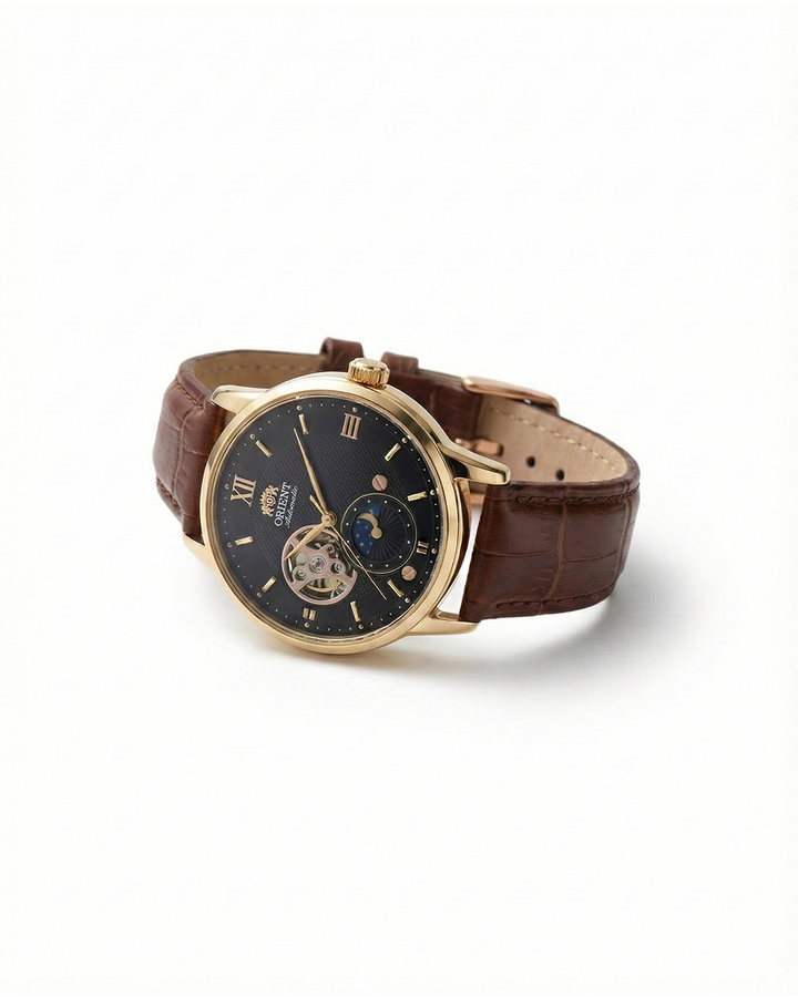 Men's classic automatic sun & moon watch, dark leather strap, vintage luxury mechanical timepiece.