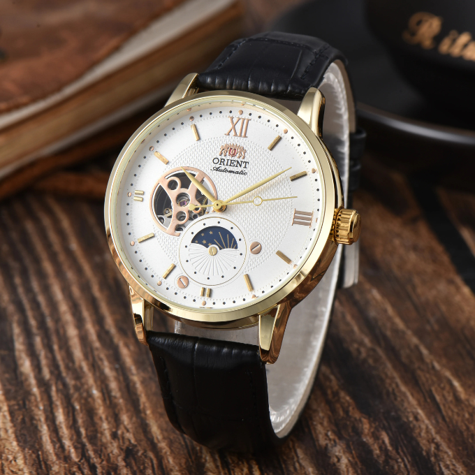 Elegant men's dress watch, automatic sun & moon movement, vintage style, perfect luxury gift for him.