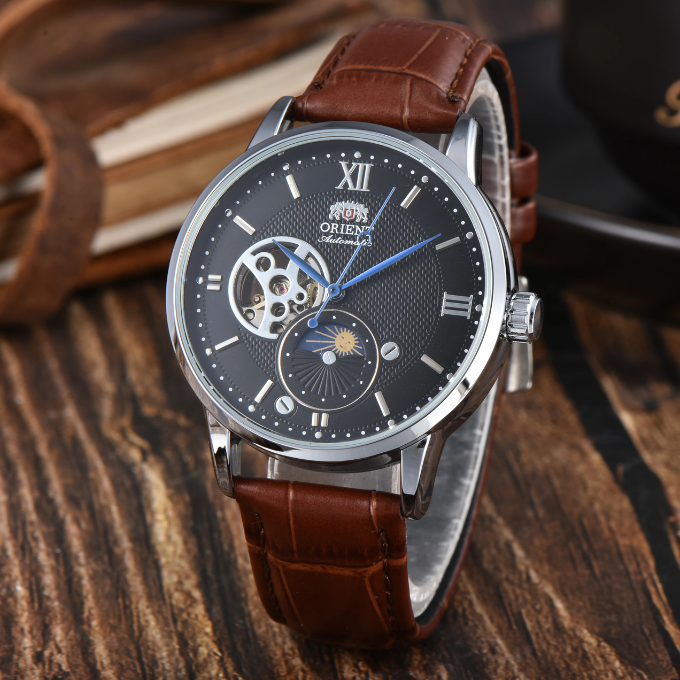 Side view of a men's classic sun & moon automatic watch, showcasing the finely crafted stainless steel case.