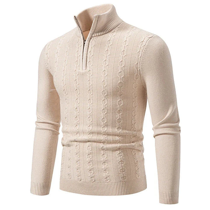 Men's classic beige quarter-zip sweater, refined style for smart casual layering. Comfortable versatile fashion.