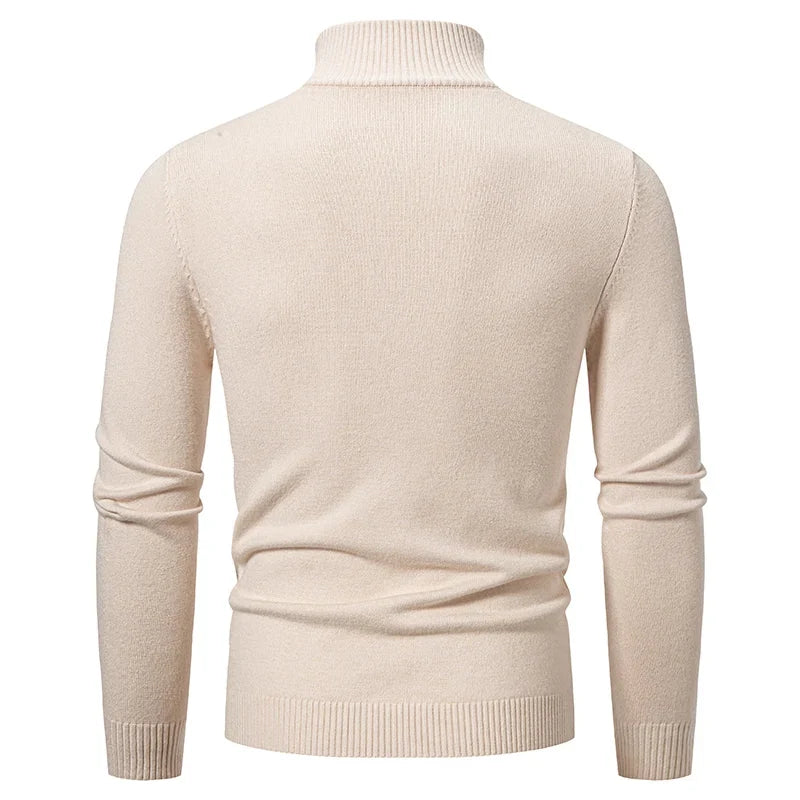 Elegant black men's quarter-zip sweater, perfect for layering. Comfortable classic style, versatile for any look.