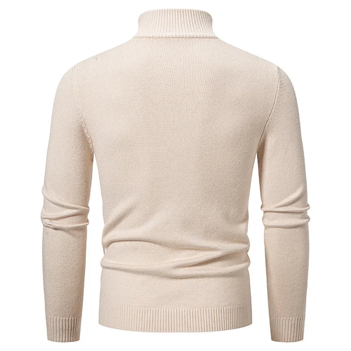 Elegant black men's quarter-zip sweater, perfect for layering. Comfortable classic style, versatile for any look.