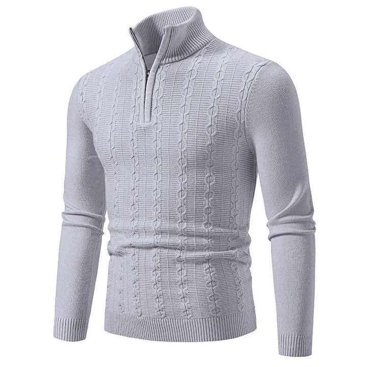 Gray men's quarter-zip sweater, a versatile classic for smart casual wear. Comfortable layering piece, refined fashion.