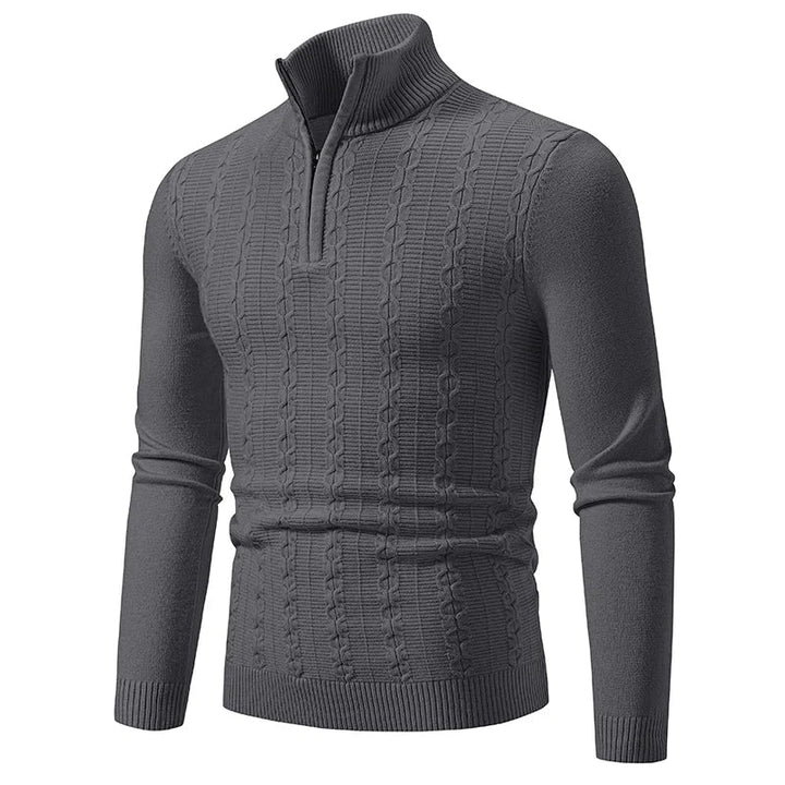 Classic green men's quarter-zip sweater with refined collar detail. Comfortable, elegant fit for versatile fashion.
