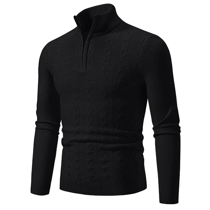 Refined beige men's quarter-zip sweater, elegant and comfortable for versatile smart casual layering.
