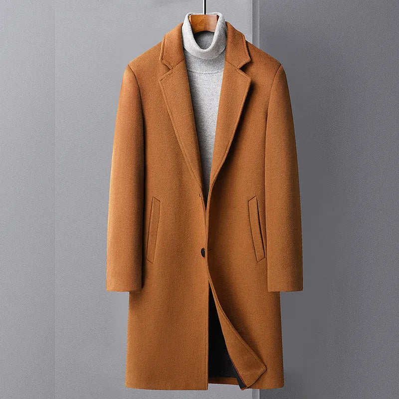 Men's classic beige trench coat, double-breasted with belt, perfect for timeless outerwear and sophisticated style.