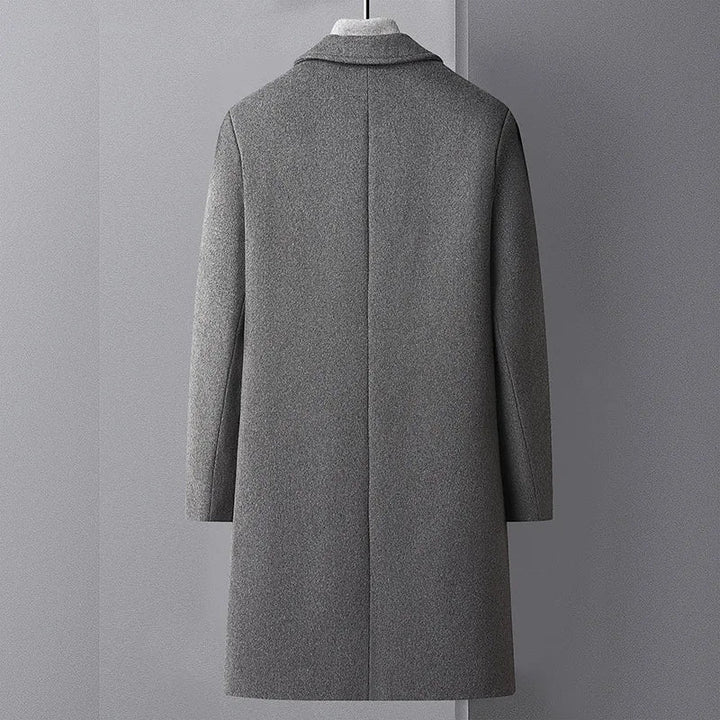 Elegant men's overcoat, a classic trench coat in a long, tailored fit for sophisticated everyday style and warmth.