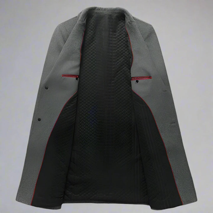 Men's double-breasted trench coat, a classic long overcoat designed for warmth, timeless style, and tailored outerwear.