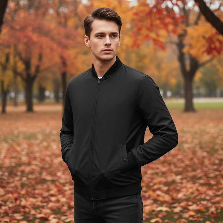 Men's classic black autumn jacket, Lucian, front view, perfect for everyday casual style and comfort