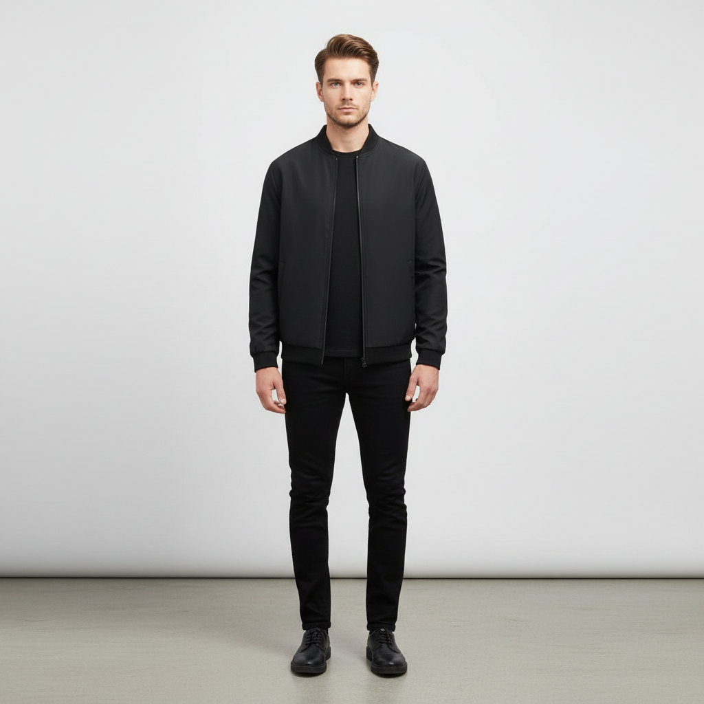 Stylish men's black autumn jacket, Lucian, showcasing its timeless design and fall fashion versatility