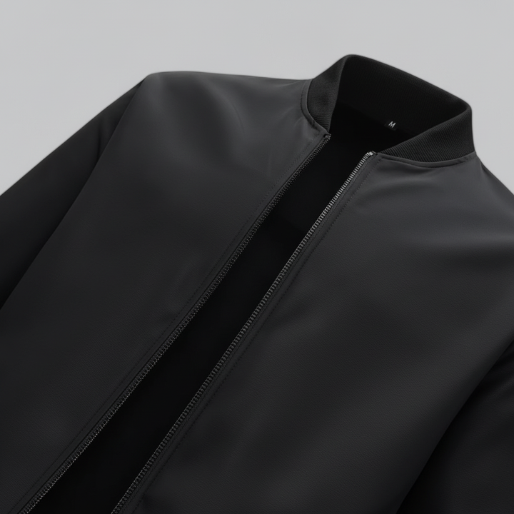 Close-up of a men's classic black autumn jacket, Lucian, highlighting material texture and smart casual details