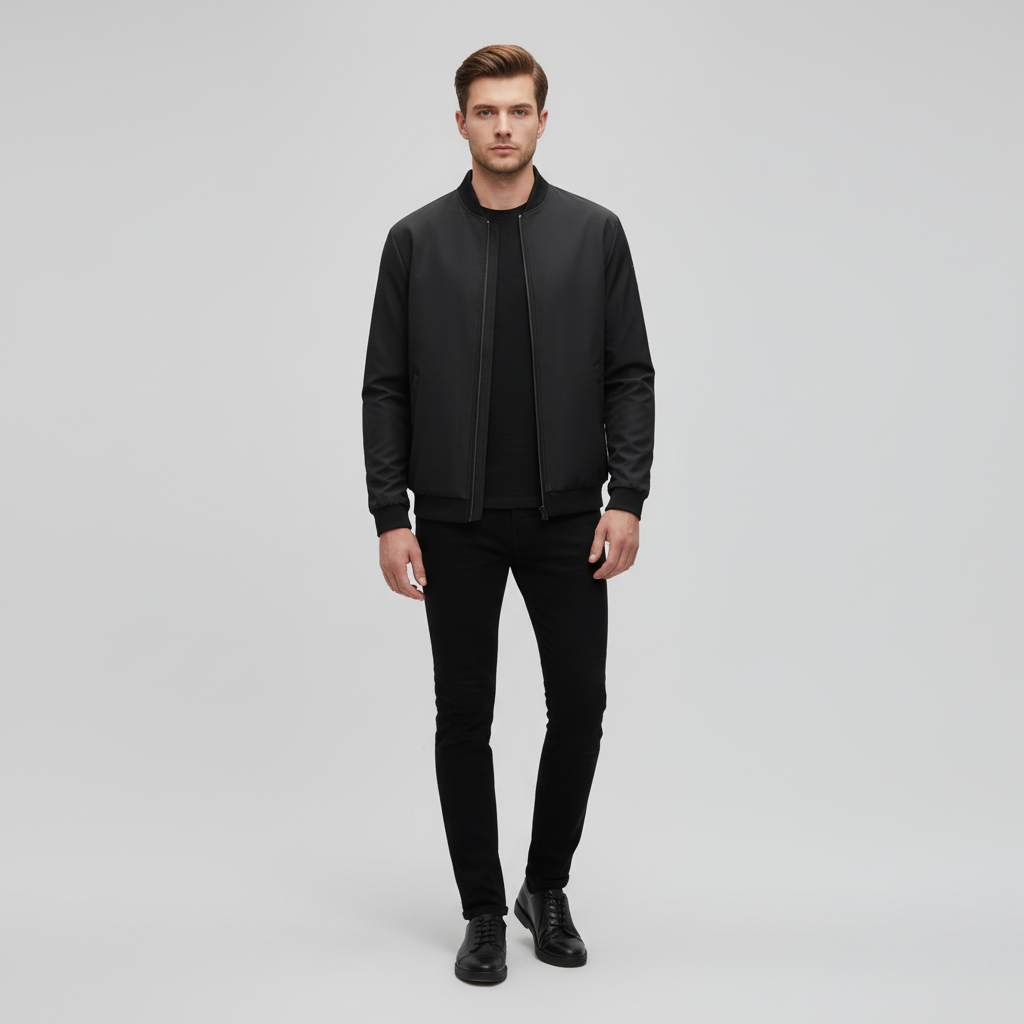 Men's black outerwear jacket, Lucian, side profile, ideal for fall fashion and everyday comfort