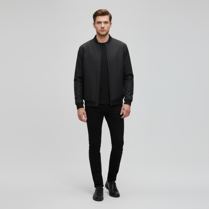 Men's black outerwear jacket, Lucian, side profile, ideal for fall fashion and everyday comfort